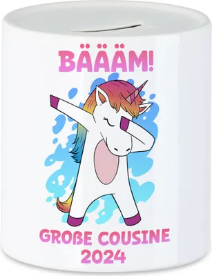 Produktbild von Bäääm Große Cousine 2024 Spardose Einhorn Schwangerschaft Ankündigung Babyparty Babyshower Cousin & Cousine