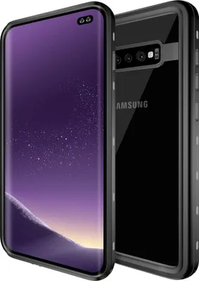 A black protective case for a Samsung Galaxy S10 Plus phone is shown from the front and back.