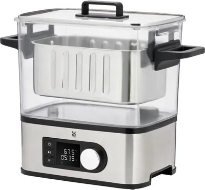 A stainless steel and clear plastic sous vide cooker is shown against a white background.