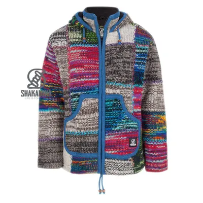 Produktbild von Shakaloha Wolljacke - Strickjacke Patch ZH Gemischtes mehrfarbiges Fell mit Fleece-Futter und Abnehmbarer Kapuze - Herren - Uni - Handgemacht in Nepal aus Schafwolle