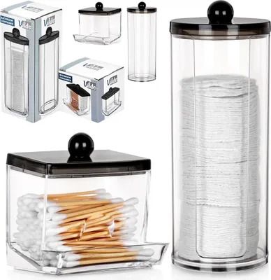 A collage of product images showing two types of clear plastic bathroom containers with black lids, one for cotton pads and one for cotton swabs, along with their packaging.