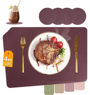Produktbild von Tischsets Lederoptik abwaschbar, hitzebeständig, 4er Set mit Untersetzern, Weinrot