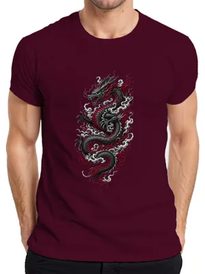 Produktbild von Japanischer Drache Asia Tattoo Style Rot Schwarz Japan Y2K Ryu Herren T-Shirt, Burgundy, M