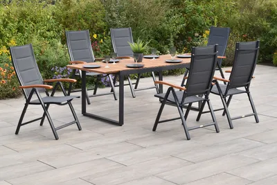 Produktbild von Merxx Gartenmöbel Set Paxos 7tlg., 6 Klappsessel, Ausziehtisch, 150 (200) x 90 cm- Aluminium/Akazie/Textil