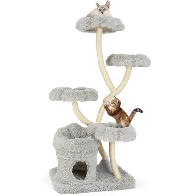 A multi-tiered cat tree with two cats on it, set against a white background.