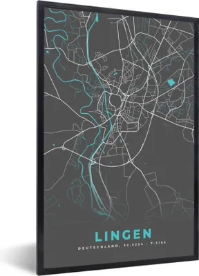 Produktbild von MuchoWow® Gerahmtes Poster Stadtplan - Karte - Lingen - Blau - Deutschland - Karte 20x30 cm - Poster mit Schwarzem Bilderrahmen Wandposter Rahmen Foto Bilder - Drucken - Bilder Poster im Rahmen