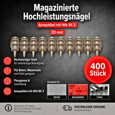 Immagine prodotto di Chiodi in acciaio e cemento da 20 mm, confezione da 400 pezzi, compatibili con il sistema di fissaggio per muratura Hilti BX 3
