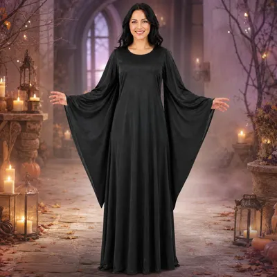 Produktbild von Damenkostüm Schwarzes Hexenkleid für Damen mit Fledermausärmeln – langes Kostümkleid (40)