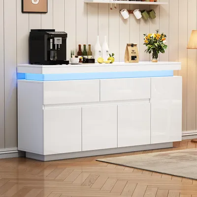 Image de OKWISH Buffet Commode avec Éclairage LED, 4 Portes et 2 Tiroirs, Armoire de Rangement Moderne Finition Laquée - 140x35x72,5 cm - Blanc