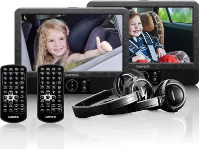 Produktbild von Lenco DVP-939 - 2 x 9 Zoll tragbarer DVD-Spieler mit 2x Kopfhörer und 2x Kopfstützenbefestigung - integrierter Akku - USB-Eingang - SD-Kartenleser - Schwarz