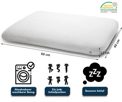 A white orthopedic pillow with dimensions indicated, along with icons representing features like washability, suitability for all sleeping positions, and better sleep.