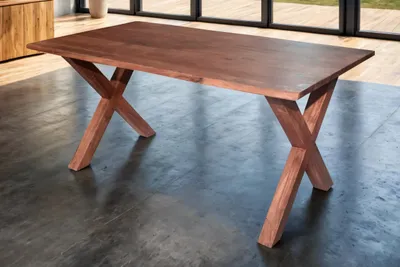 Produktbild von Esstisch 220x100 cm Murcia, Akazienholz massiv & nussbaumfarben, Baumkantentisch mit X-Holzgestell, echte Baumkante, pflegeleichter Holztisch/Massivholztisch