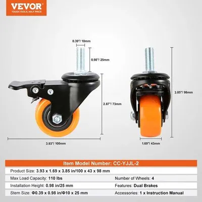 Image de Jeu de roulettes pivotantes 100 mm (2") orange avec frein