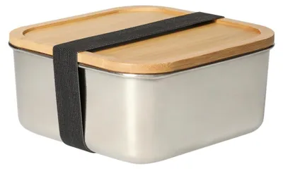 Image de Boîte à provisions "Vesper" grande - Boîte à déjeuner en acier inoxydable pour enfants & adultes avec couvercle en bambou élégant, parfaite comme boîte à goûter pour l'école & le travail - argent/naturel