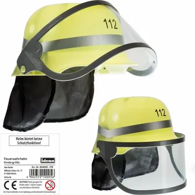 Two yellow toy firefighter helmets with clear visors and black neck covers are shown against a white background. A label with product information is visible in the lower left corner.