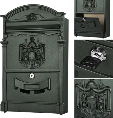 A collage of images showing a vintage-style green letterbox from different angles, including a close-up of the lock and a detail of the embossed crest.