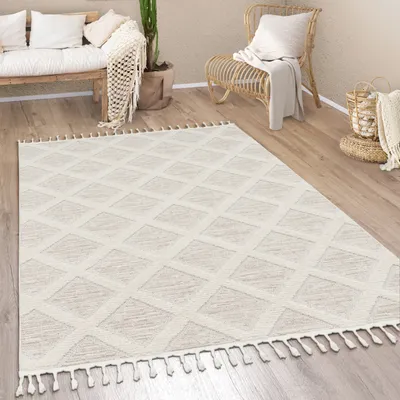 Produktbild von Teppich Wohnzimmer Kurzflor Boho Modern Ethno Skandi Geometrisch Fransen Grösse 80x150 cm