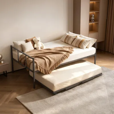 Produktbild von VEVOR Tagesbett Bettgestell bis 180 kg 2-in-1-Ausziehbett Einzelbettgröße, Ausziehbares Bett für Wohnzimmer Schlafzimmer Gästezimmer, für 2 Personen, Metall-Konstruktion, Feststellbare Rollen, Schwarz