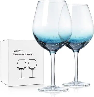 Produktbild von Set mit 2 großen Weingläsern (630 ml) aus Glas mit blauer Craquelé-Optik, mundgeblasen, ideal für Rot- und Weißwein, perfekt als Geschenk für Weinliebhaber
