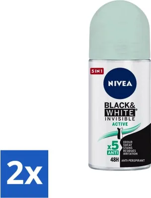 Obrázok produktu pre Nivea - Dezodorant - Roller - Black & White Invisible - Active - 50 ml - Výhodné balenie - 2 kusy