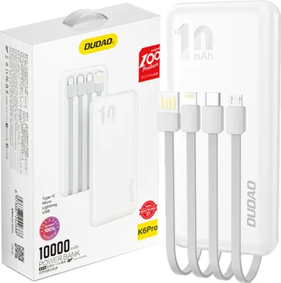 Produktbild von Dudao K6Pro Universal 10000mAh Powerbank mit USB-Kabel, USB Typ C, Lightning, weiss (K6Pro-white)