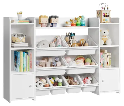 Immagine prodotto di Mobili per bambini - Scaffale per giocattoli e libri - Armadio in legno con 8 contenitori estraibili - Ripiani aperti - 138 x 29 x 94 cm - Bianco