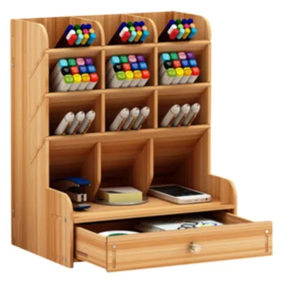 Produktbild von Schreibtisch Organizer aus Bambus mit 9 Fächern, Büroorganisation System für Zuhause und Schule, Platzsparende Ablage mit Schublade