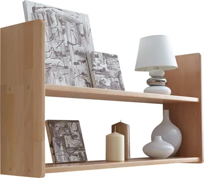 A wooden shelf with decorative items.