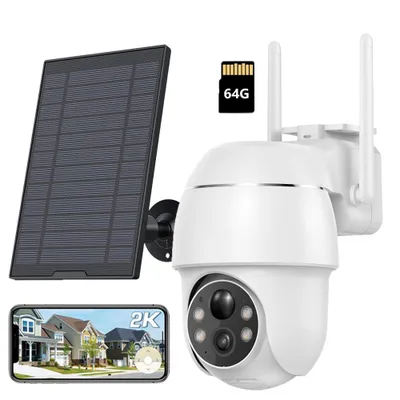 Image de 2K Solar caméra de surveillance extérieure 355 ° / 90 ° pivotant caméra extérieure batterie vision nocturne couleur de détection de personne / mouvement sans fil WLAN caméra IP avec 64G