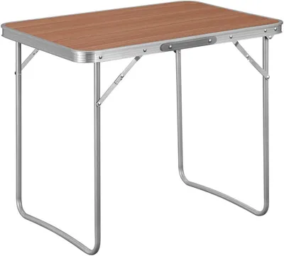 Zdjęcie produktu dla Składany stolik kempingowy z aluminium i MDF, kolor: dąb, wymiary: 70x50x60 cm