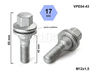 Obrázok produktu pre Skrutka kolesa M12x1,5x43 s plochou podložkou, kľúč 17, VPE04-43, výška 65 mm