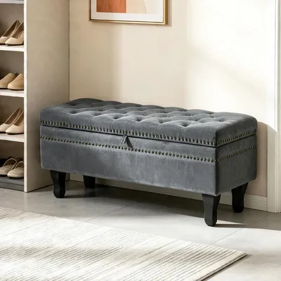 Image de Banc avec rangement, revêtement en velours, coffre, pieds en bois, banc rembourré, couvercle rabattable, couleur anthracite, dimensions : 103 x 40,5 x 45 cm