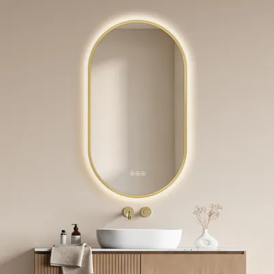 Produktbild von EMKE Badspiegel mit Beleuchtung, Antibeschlag, 3 Lichtfarben Dimmbar, Touch-Tasten, Badezimmerspiegel 90x50 cm Oval Goldener Rahmen