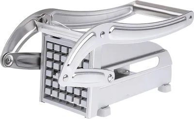 A chrome and white potato cutter for making french fries.