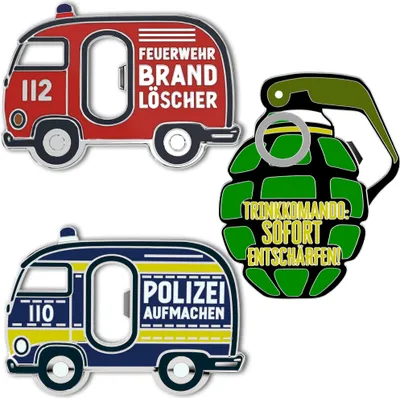 Produktbild von LANOLU Lustige Flaschenöffner Polizei, Feuerwehr, Trinkgranate (3er Set), Feuerwehr Geschenke für Feuerwehrmänner, Geschenke für Polizisten