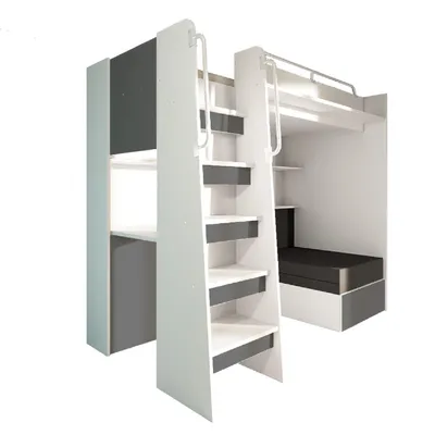 Produktbild von Marlux-Meble Hochbett JSM-7 90x200 TREPPE Links mit Schreibtisch Schränke und Ausklappbares Sofa 70x180 Matt Funktionsbett Etagenbett Stockbett Kinderhochbett Jugendhochbett (Graphit Matt)