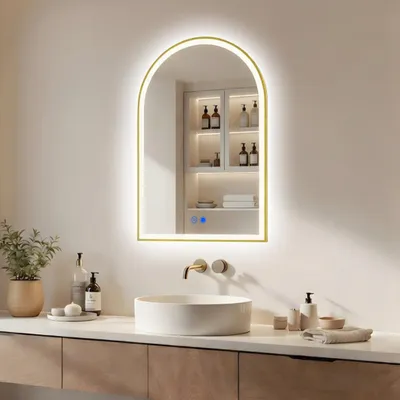 Obrázok produktu pre Kúpeľňové zrkadlo ARTFORMA LED, oblé, 60 x 90 cm, zlaté, s dotykovým ovládaním a ochranou proti zahmlievaniu