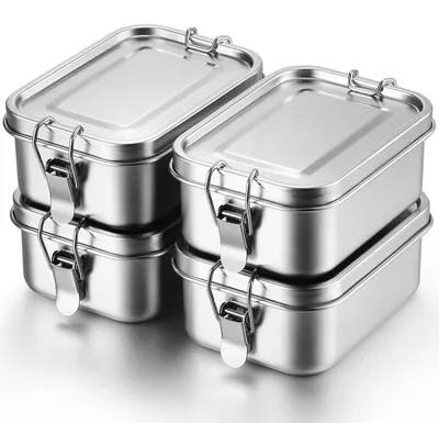 Image de Set de 4 boîtes à bento en acier inoxydable, récipients de conservation avec clips de fermeture, boîtes à collation réutilisables, lavables au lave-vaisselle.