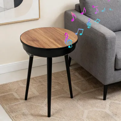 Image de FATIVO Table Bout de Canapé avec Haut-Parleur 360, Enceintes Bluetooth, Port de Chargement USB, 40x40x57cm Table Basse pour Salon Fête Loisirs, Marron