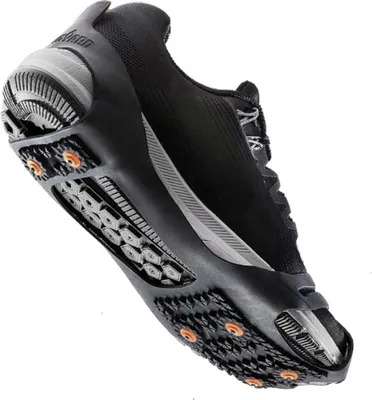 A black running shoe with orange accents and a specialized sole designed for grip on slippery surfaces.