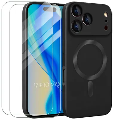 Image de Coque + 2 Verres Trempés pour iPhone 17 Pro Max, Protection Silicone Antichoc avec Anneau Magnétique Noir