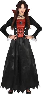 Produktbild von Vampir Halloween Kleid Rot Schwarz Langes Grusel Abendkleid Faschingskostüm Gothic, Größe: 14 - 16 Jahre Farbe: Schwarz