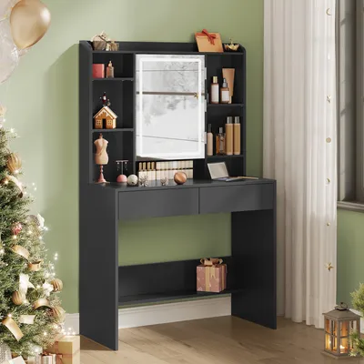 A vanity table with a mirror and shelves, decorated for Christmas with a tree and gifts.