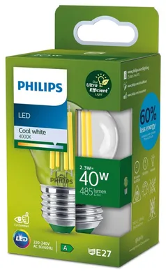 Produktbild von Philips Filament-Lampe Tropfenform, klar, 40 W P45 E27, 2,3 W, 40 W, E27, 485 lm, 50000 h, Kaltweiße