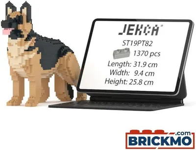 A JEKCA Bricks German Shepherd model next to a tablet displaying product information.