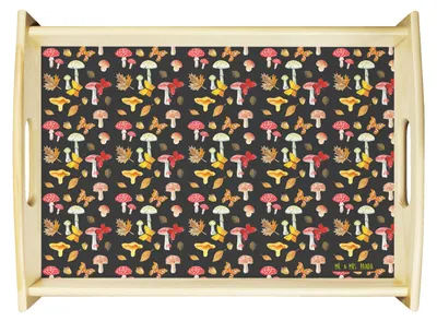 Produktbild von Mr. & Mrs. Panda Küchentablett Pilze Schmetterlinge - Grau - Geschenk, kaffeetablett, Servierplatte Holz, Schmetterling Muster, Tablett, Pilz, Holztablett, Nachtfalter