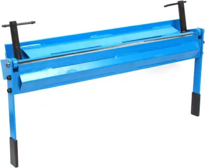 A blue metal sheet bending machine with black handles and feet, shown against a white background.