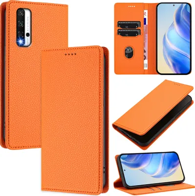 Produktbild von Litchi Leder Handyhülle für Honor 20/Honor 20 Pro Wallet Kartenfächer Standfunktion Hülle Orange