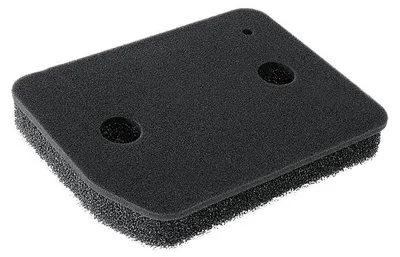 A black foam filter with two circular holes and a smaller circular indentation on a white background.