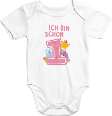 Produktbild von Kurzarm Baby-Body mit Aufdruck "Ich bin schon 1" 1 Jahr Baumwolle Moonworks® ich bin schon 1 rosa weiß 12-18 Monate